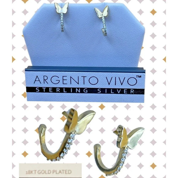 Argento Vivo Sterling Silver 18K GP Mini Butterfly CZ Detail Open Hoop Earrings - Picture 1 of 4